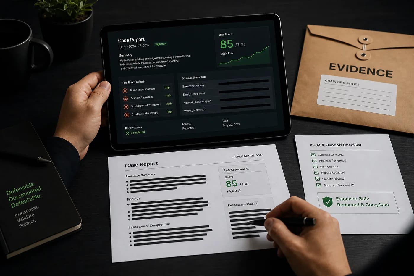 Evidence-safe FraudLens reporting with redacted artifacts and audit handoff